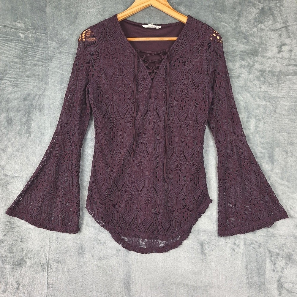 Womens Top Medium Purple Floral Lace Up Boho Whimsigoth Romantic Ren Fair Fairy